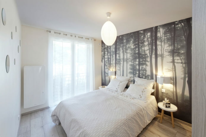 papel pintado con imagen de bosque en el dormitorio