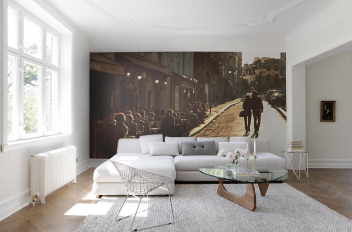 Papel pintado fotográfico blanco en el salón