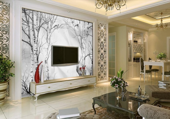 Pared detrás del televisor decorada con fotomural