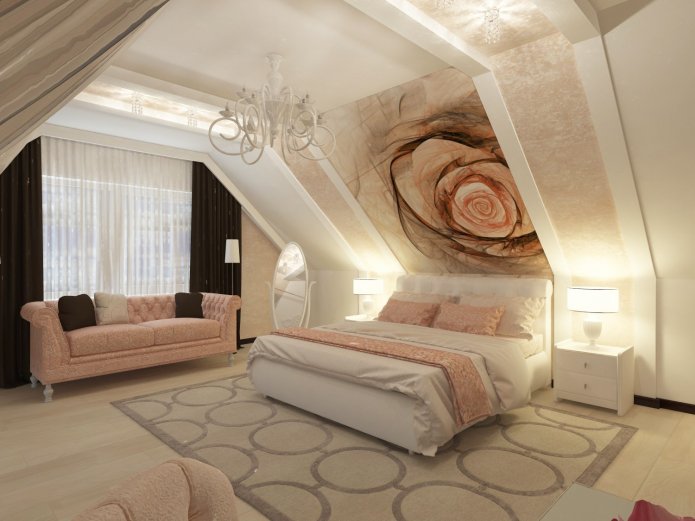 Papel pintado fotográfico en la pared del dormitorio con estampado de rosas