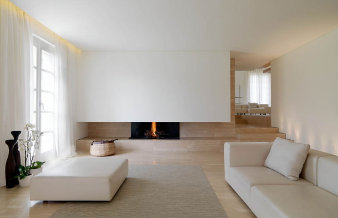 sala de estar minimalista con chimenea