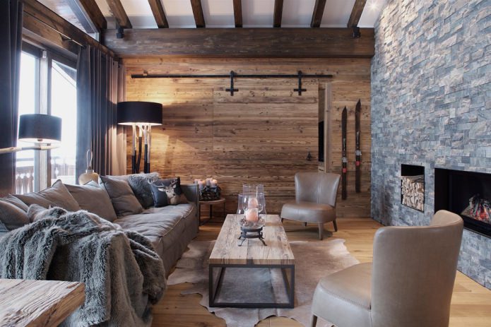 decoración de pared de piedra y madera