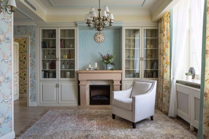 living room in beige and blue shades