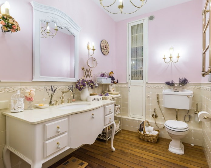 baño en tonos lavanda y beige