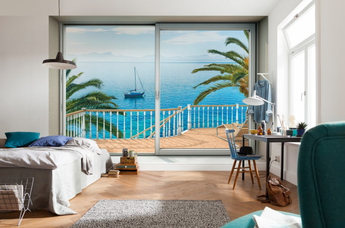 Papel pintado 3D con vista desde la ventana del dormitorio