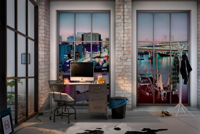 Papel pintado 3D con vista desde la ventana de la oficina