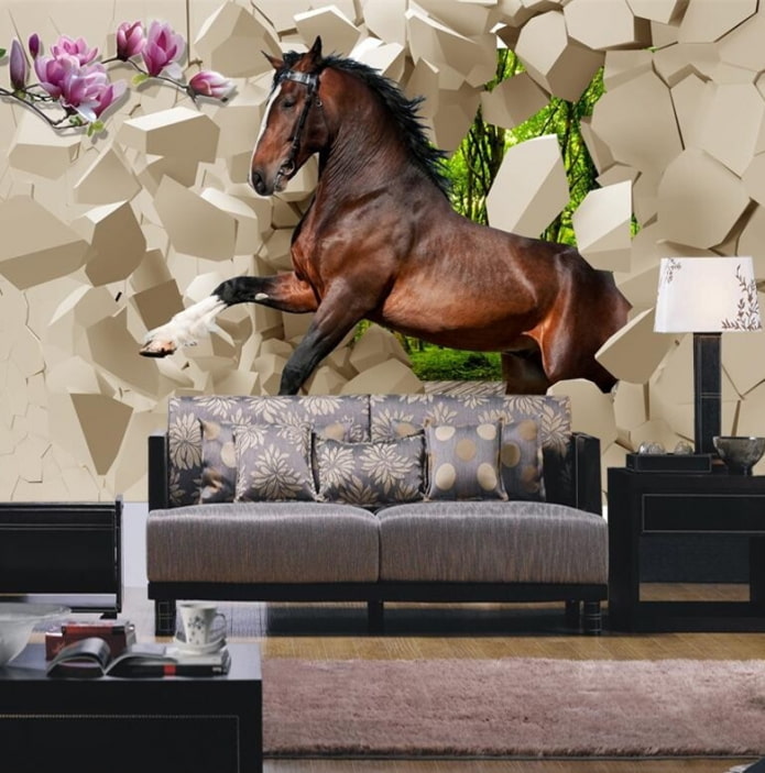 Fotomural 3D con un caballo en el interior del salón