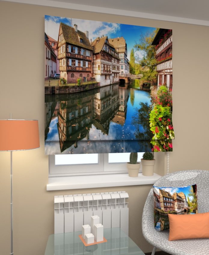 Estores romanos 3D con imagen de casas