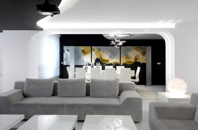 Arco en el interior de la sala de estar en estilo alta tecnología