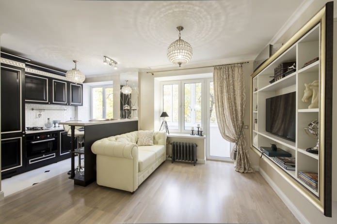 Interior de una cocina-salón combinada con barra