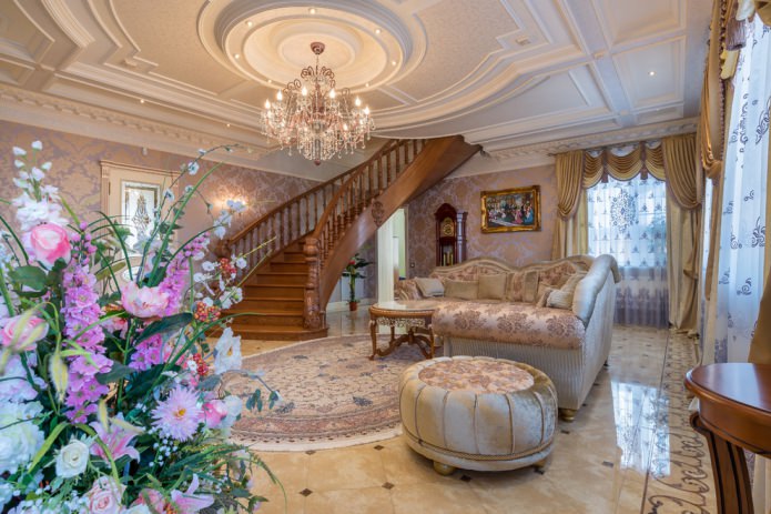 living room with a wood stairs