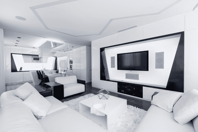 Sala de estar en tonos blancos de estilo hi-tech