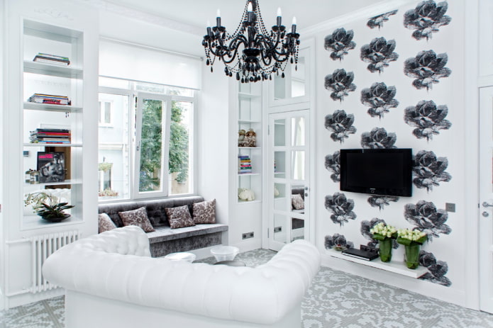 Decoración de salón en tonos blancos