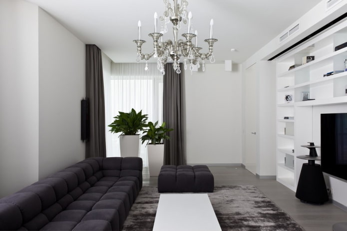 interior de sala de estar en tonos blancos y grises
