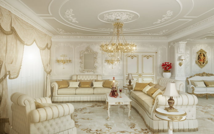 salón en tonos blancos de estilo clásico