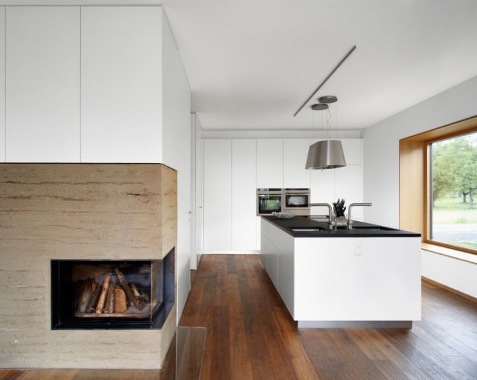 chimenea en una cocina blanca de estilo minimalista