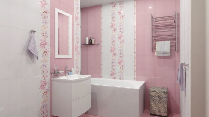 Azulejos blancos y rosas en el interior del baño
