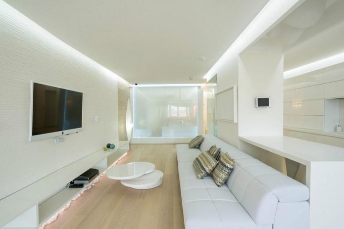 decoración de la sala de estar con papel pintado blanco