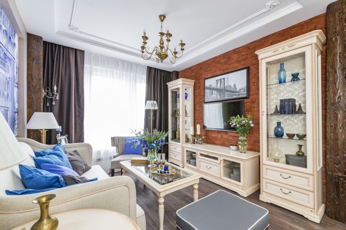 habitación con falso techo de dos niveles de estilo clásico