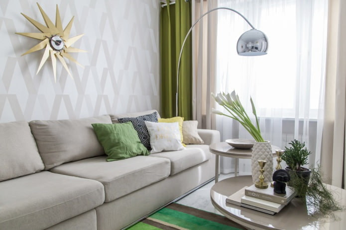 interior elegante con cortinas verdes