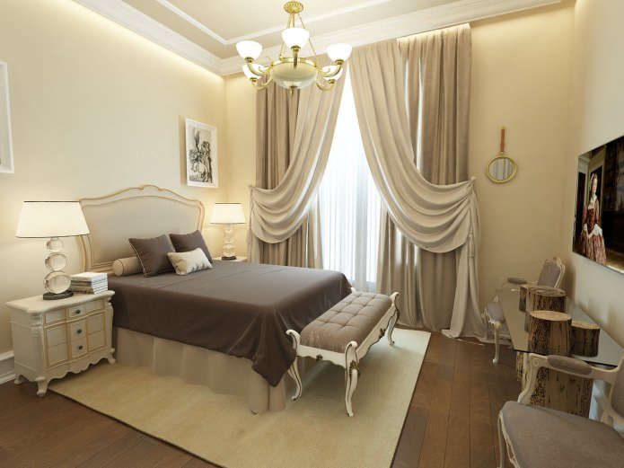 dormitorio beige con colcha marrón