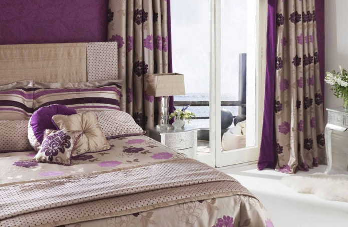 cortinas de satén beige con flores lilas