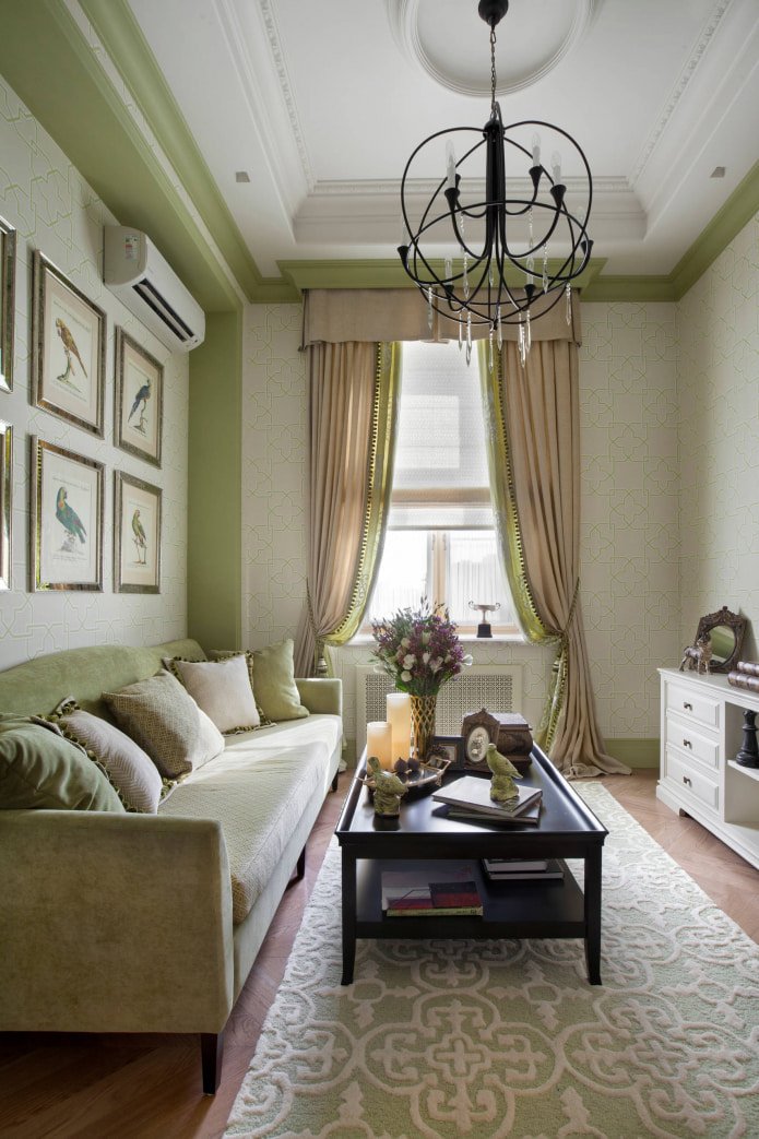 cortinas beige y verdes con flecos y borlas