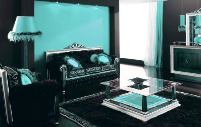 Sala de estar negra y turquesa