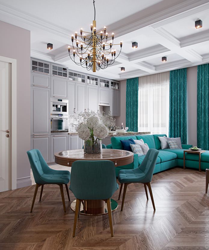 cocina-sala de estar en tonos beige y turquesa