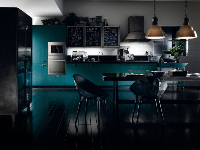 Interior de cocina en tonos negros y turquesa