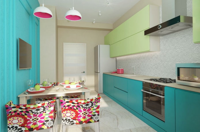 cocina en tonos turquesa con detalles brillantes