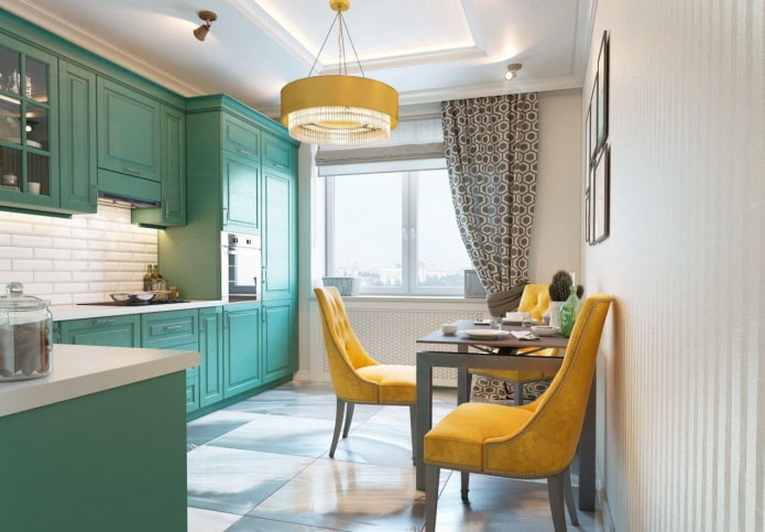 cocina en tonos turquesa con detalles brillantes