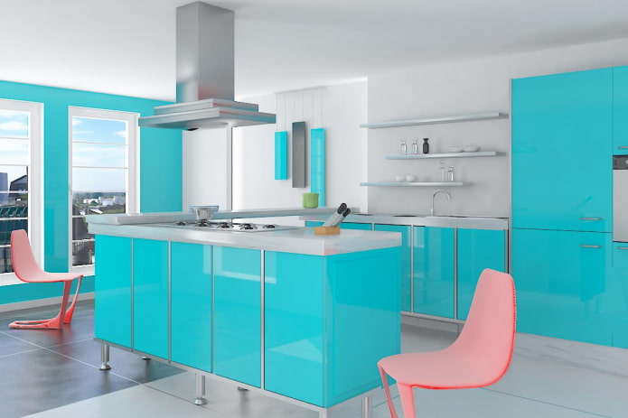 cocina en tonos turquesa con detalles brillantes