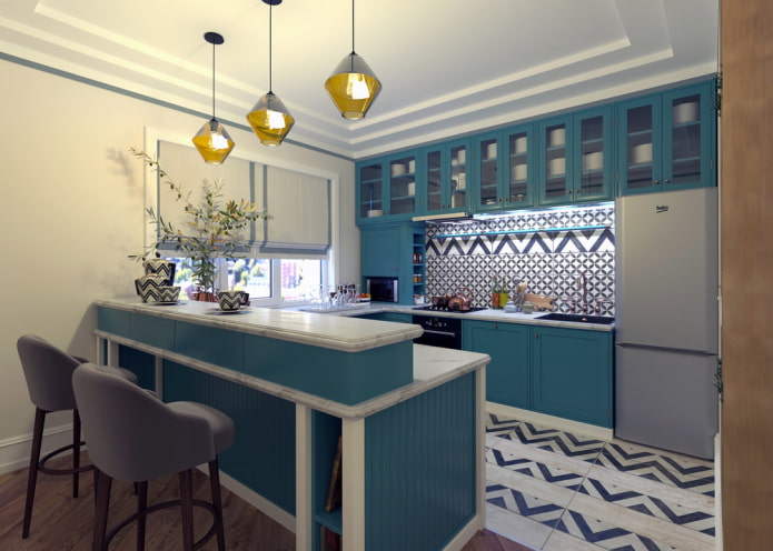 decoración y textiles en el interior de una cocina turquesa