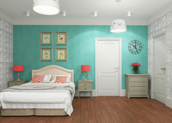 dormitorio con papel pintado turquesa claro