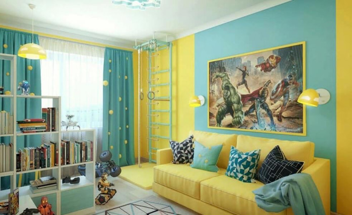 Habitación infantil en una paleta de amarillo turquesa