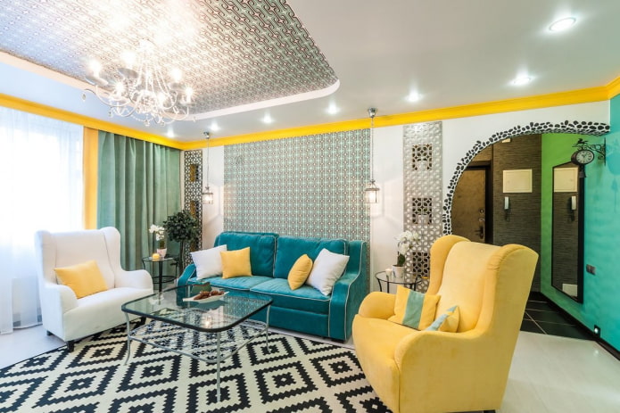 Sofá turquesa con sillones