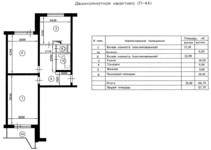 Diseño de un apartamento de dos habitaciones, serie P-44