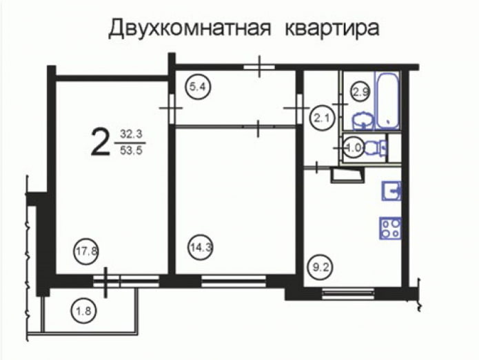Distribución de un apartamento de dos habitaciones, serie P-3