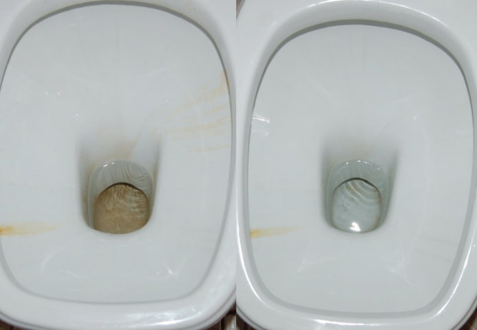 Inodoro antes y después de limpiarlo con ácido cítrico