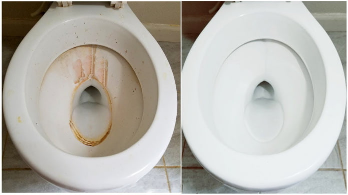 Inodoro antes y después de la limpieza con gel Cillit BANG