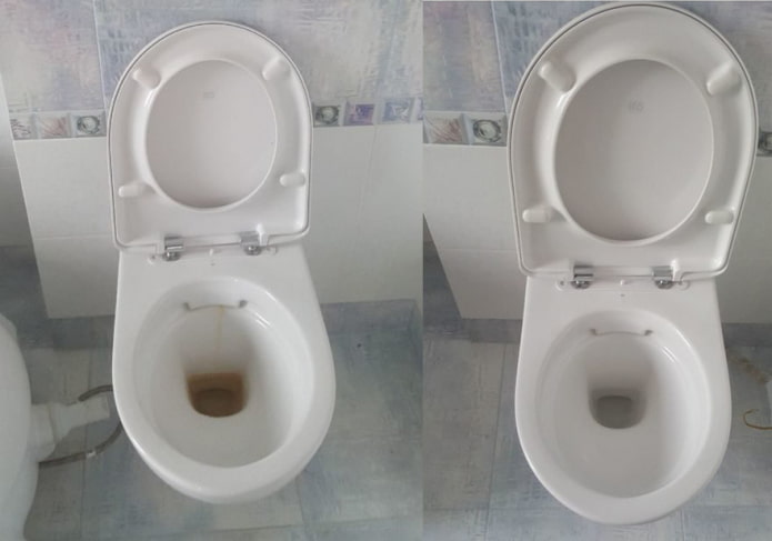 Inodoro antes y después de limpiarlo con bicarbonato de sodio y vinagre