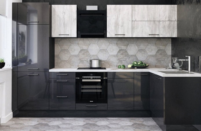 Interior de cocina en tonos grises y negros