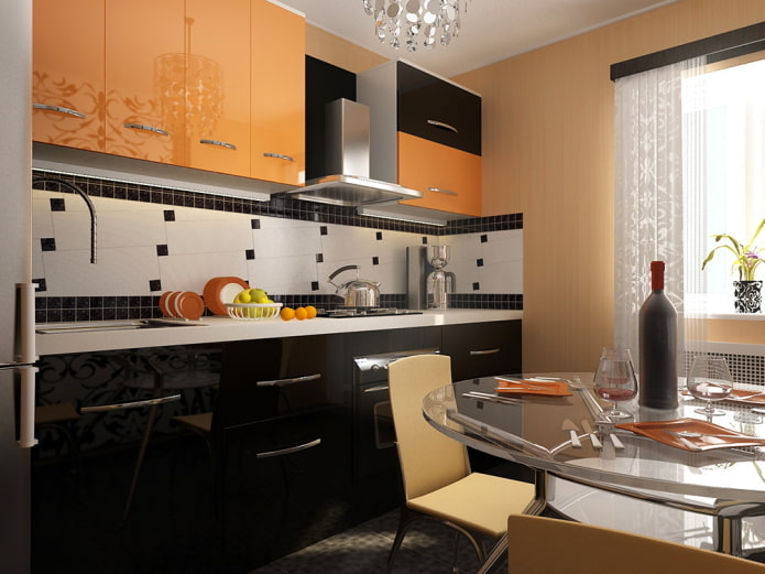 interior de cocina en tonos negros y naranjas