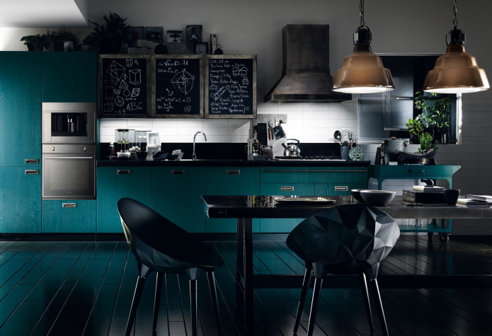 interior de cocina en tonos negros y turquesas