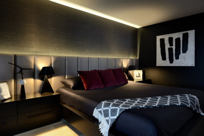 decoración e iluminación del dormitorio en tonos negros