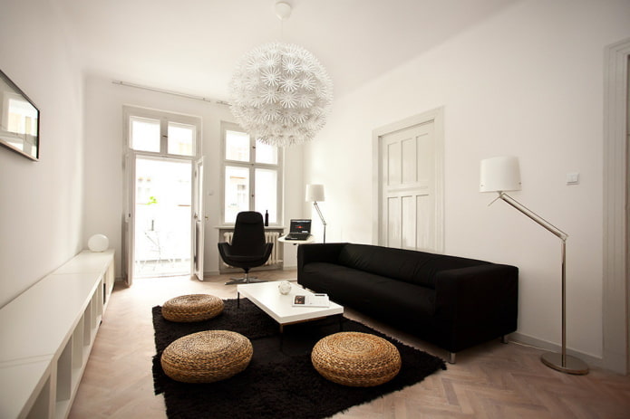 combinación de colores en el salón en tonos blanco y negro