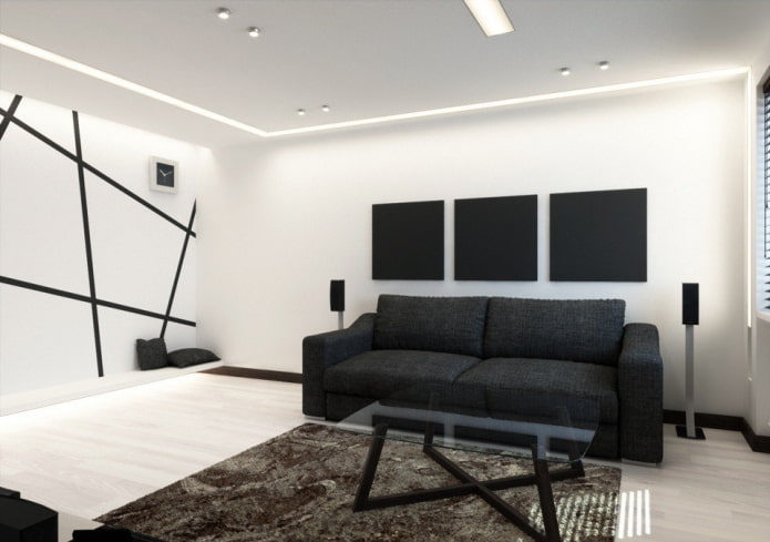 muebles y textiles para el salón en tonos blanco y negro