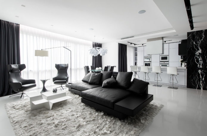 Interior de la sala de estar en tonos blanco y negro