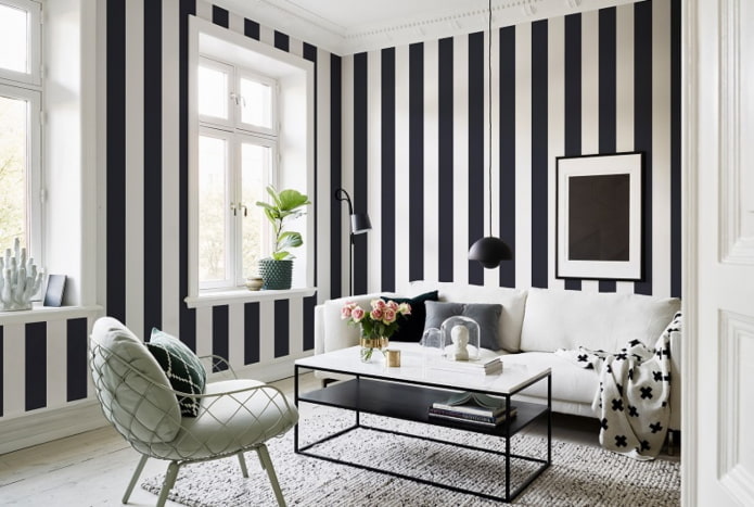 Decoración de salón en tonos blanco y negro